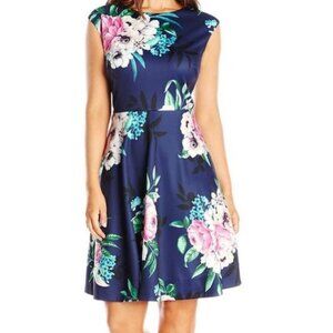 Eliza J | Navy Floral Sleeveless Fit & Flare Dress with Jewel Neckline | 4